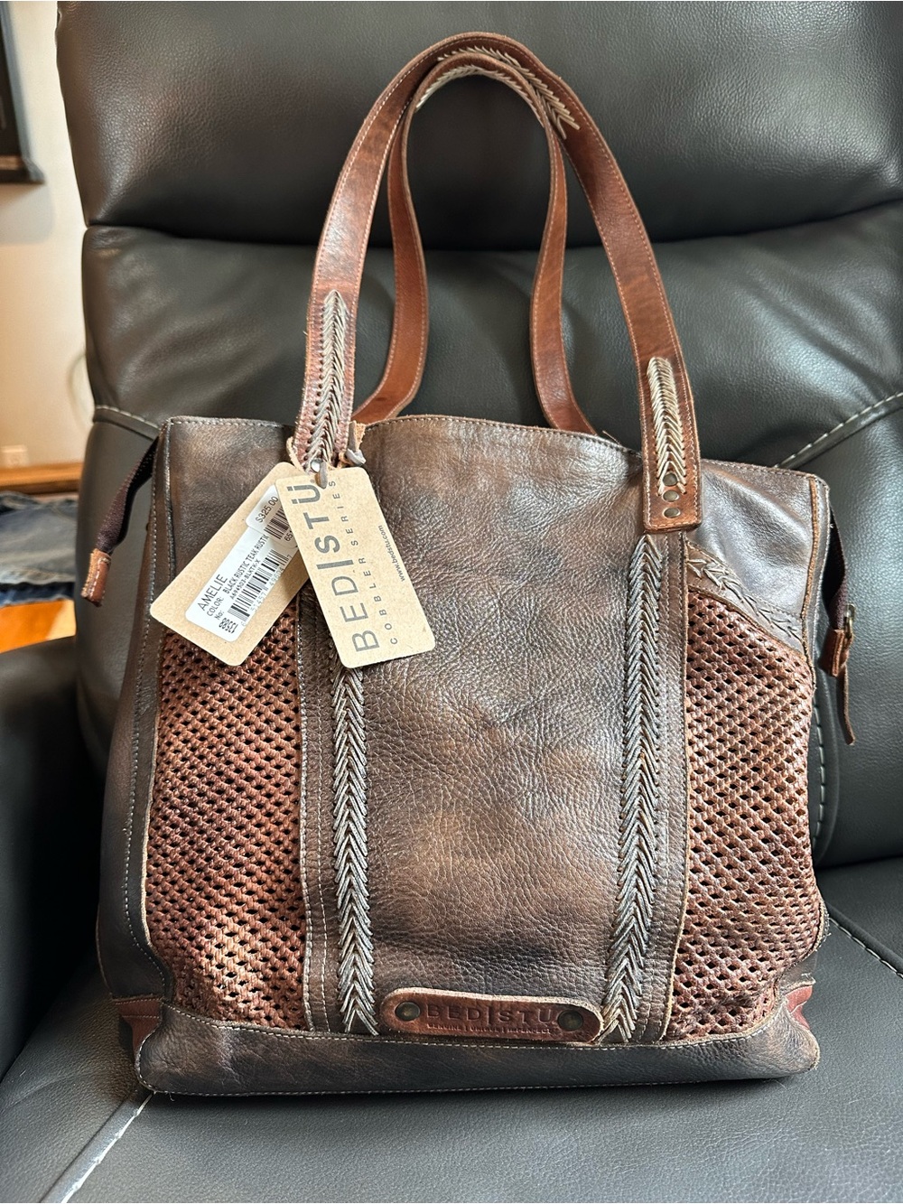 BED|STU Brown Leather Messenger Tote with Woven Panels